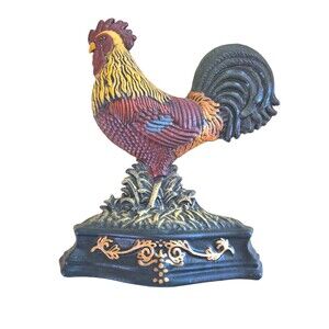 Vintage Style 13" Cast Iron Rooster Hand Painted Door Stop Farm House Decor
